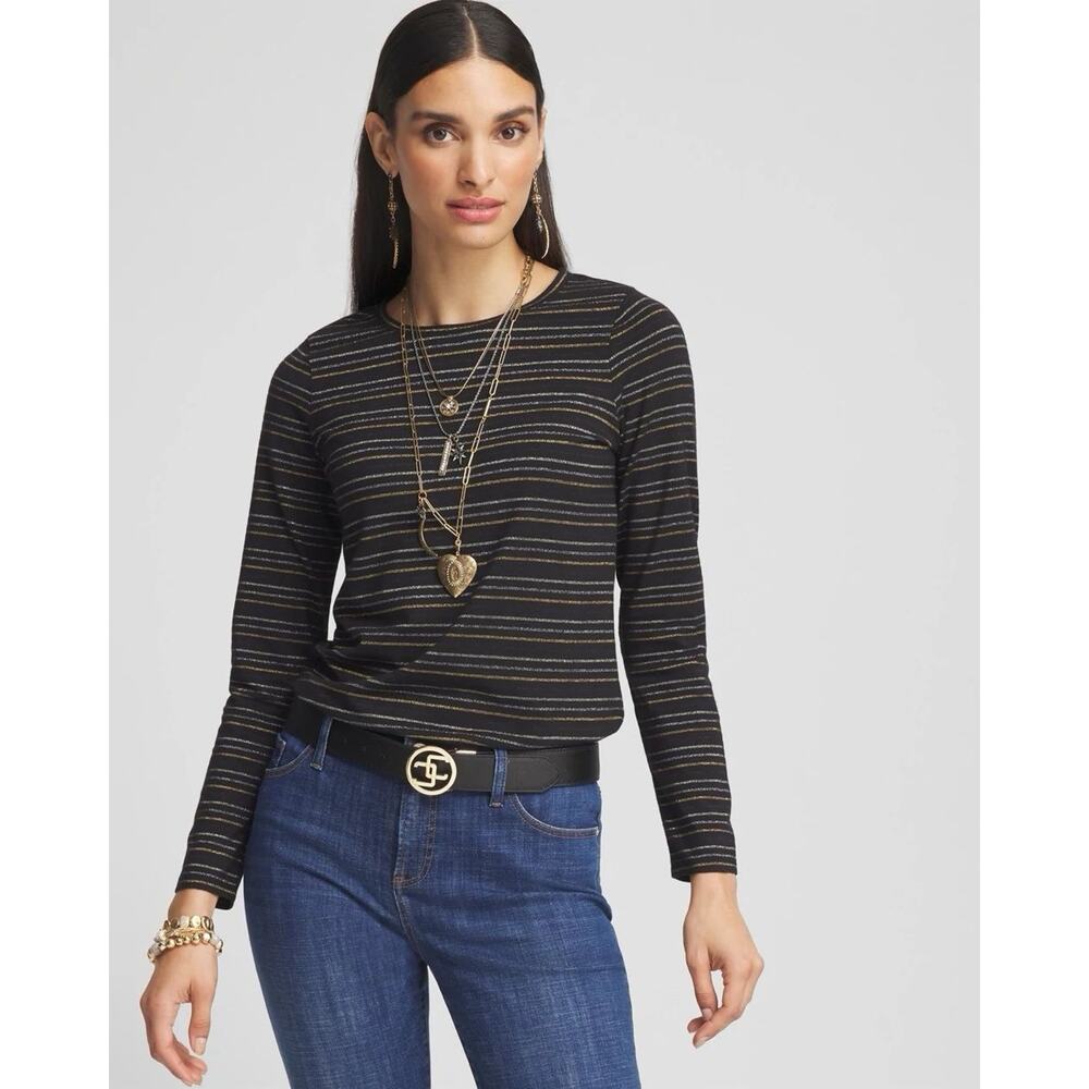 Chico’s Women’s Touch Of Cool Shine Stripes Layering Tee Black Size 0, Small
